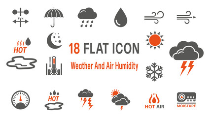 Obraz premium Weather And Air Humidity Flat Icon Set Of 18 Symbols For Weather, Temperature And Atmospheric Concepts