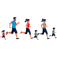 Healthy Family Running Together: Active Lifestyle with Parents and Kids Exercising Outdoors, Promoting Fitness, Wellness, and Fun Bonding Time in a Vibrant Flat Vector Illustration