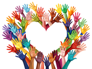 Unity in diversity hands forming heart shape studio minimalist love isolated on white background ,PNG. AI Generated