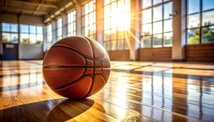 Basketball on Court at Sunset