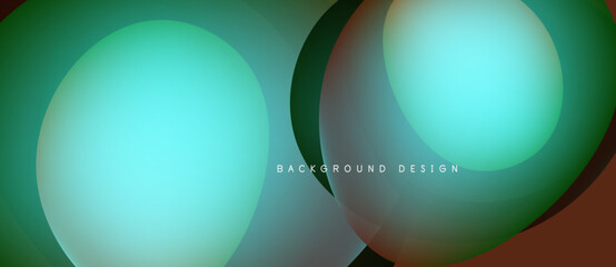 Abstract design features overlapping circles, gradients. Teal, green, brown hues dominate dark background. Minimalist aesthetic.