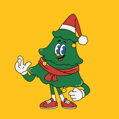 Retro Groovy Cartoon Christmas Tree Character with Santa Hat Illustration