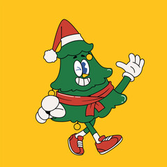 Retro Cartoon Style Funny Christmas Tree Character Illustration with Scarf