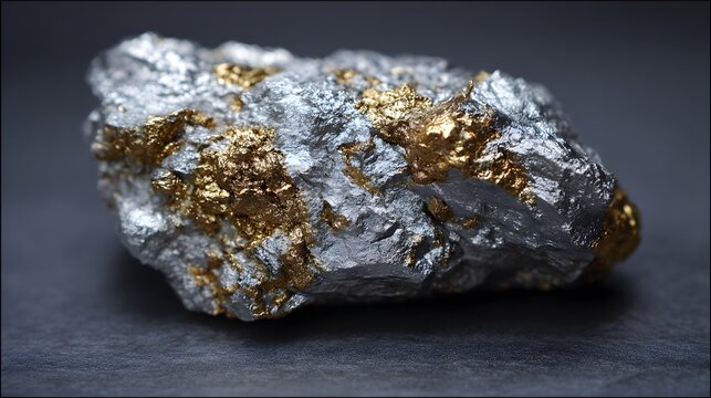 Metallic Raw Silver and Gold Mineral Rock with Rough Texture on Dark Background