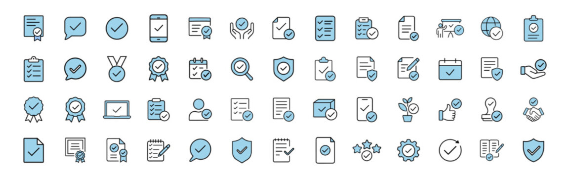 Set of line icons related to approve, validation, accept, checkmark. Quality control icon set. 