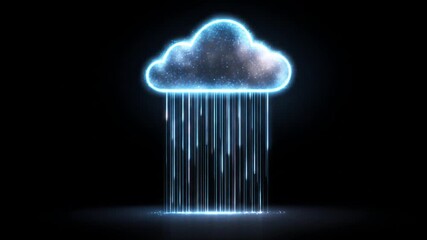 Futuristic glowing cloud icon with digital data rain on black background, representing cloud computing and network download - Powered by Adobe