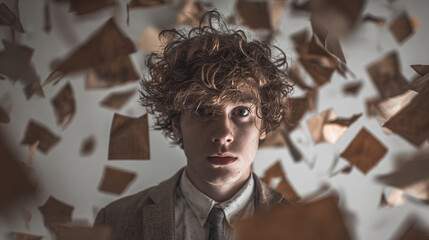 Young man showing overwhelmed expression surrounded by floating knowledge papers