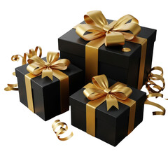 Obraz premium Elegant black gift boxes tied with golden ribbon bows isolated on transparent background