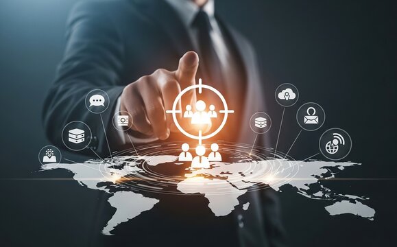 Businessman targeting global audience with digital network and security icons