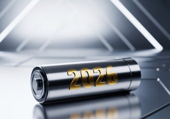 A 2026 battery lies on a reflective surface with a futuristic background, representing the future of energy storage and technology