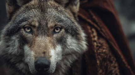 Fototapeta premium Wolf looking directly at camera, symbol of wild nature and untamed spirit
