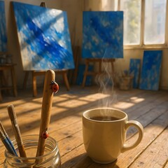 A warm cup of coffee sits on a wooden floor in an artist&rsquo;s studio with blue abstract paintings and soft morning light streaming through the windows