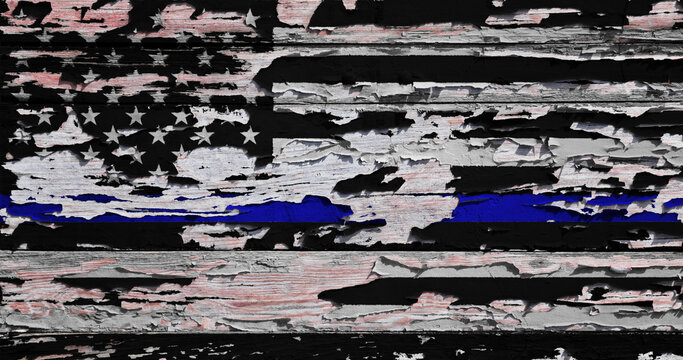 Police thin blue line flag painted on a wooden board