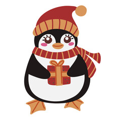 Cute Christmas penguin with gift, cozy winter holiday character, kawaii festive animal.