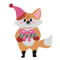 Cute Christmas fox with gift, cozy winter woodland animal, festive kawaii character.