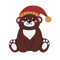 Cute Christmas bear in hat, cozy winter polar animal, festive holiday character.