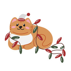 Cute Christmas cat with holiday lights, cozy winter kitten character, festive kawaii animal.