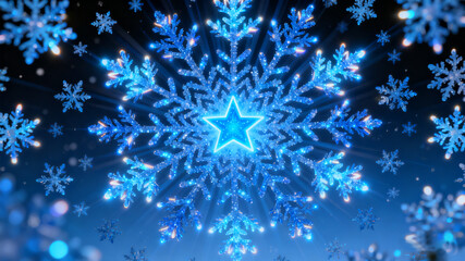 A festive abstract Christmas background featuring glowing blue snowflakes and a winter-themed design