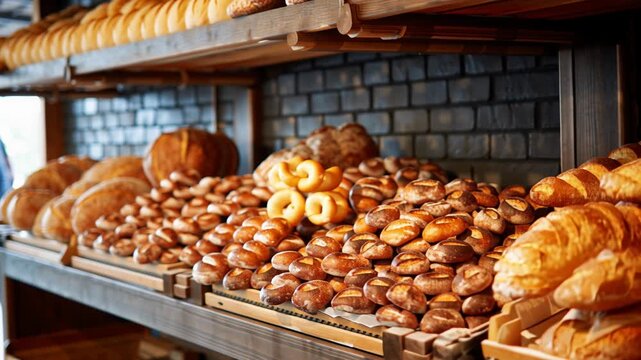 4k video of aisle product showcase for bread in a bakery. Concept of commercial b-roll for retail product sale.