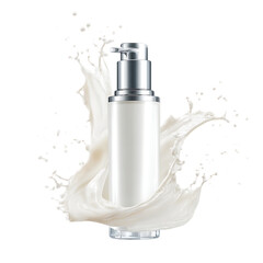 White cream bottle mockup with splashing milk, beauty product ad.