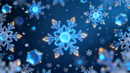 A festive abstract Christmas background featuring glowing blue snowflakes and a winter-themed design