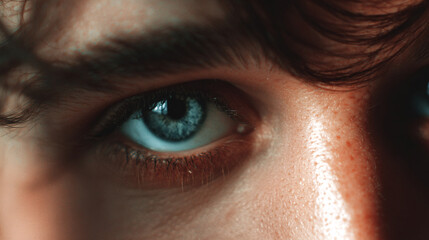 Fototapeta premium Human blue eye in close-up, showing vision, focus, and intense looking