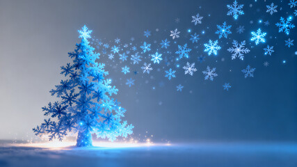 A festive abstract Christmas background featuring glowing blue snowflakes and a winter-themed design