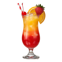 Refreshing Tequila Sunrise with orange, strawberry, and cherry.