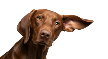 Curious Chocolate Brown Dog Portrait Tilting Head with Floppy Ears and Attentive Gaze, an adorable pet isolated on transparent background