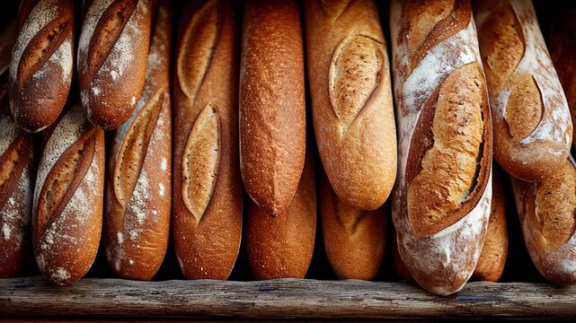 4k video of aisle product showcase for bread in a bakery. Concept of commercial b-roll for retail product sale.