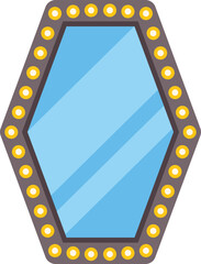 Hexagonal makeup mirror with light bulbs reflecting a light blue background, perfect for beauty and makeup concepts