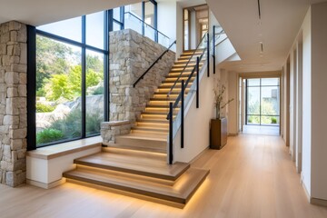 Fototapeta premium Modern home interior showcasing illuminated wooden staircase and stone wall