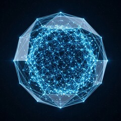 Abstract futuristic technology concept of a glowing blue plexus network core, enclosed in a geometric shell, symbolizing AI, big data, and global connection on a dark background.