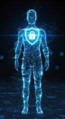 Futuristic cybersecurity concept with a digital human body made of data and a glowing blue shield with a padlock icon, symbolizing data protection and digital identity security.