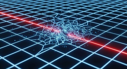 Futuristic cybersecurity breach concept, with a red laser striking and shattering a blue digital grid, symbolizing a data attack, system failure, and network vulnerability.