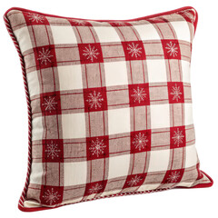 Decorative pillow with a festive snowflake pattern in red and white.