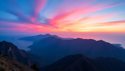 Fototapeta premium Vibrant Sunset Vector Landscape: Colorful Sky Over Majestic Mountains and Ocean Bay | Modern Nature Illustration