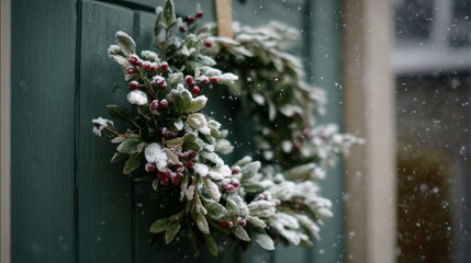 Frost-kissed evergreen wreath whispers Yuletide enchantment, heralding Solstice serenity, Nordic folklore, and mistletoe traditions in a snowy embrace