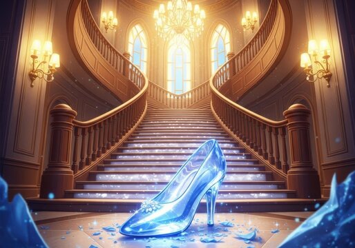 Glass slipper on staircase in castle, symbolizing fairy tale dreams and magical moments, with a touch of elegance and enchantment