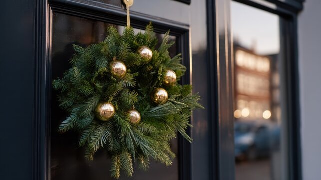 Elegant evergreen wreath adorned with golden baubles graces a door, evoking Yuletide warmth and Winter Solstice serenity