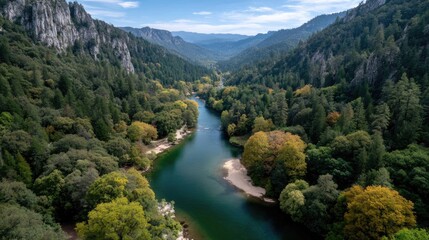 Serene Green River Valley Landscape With Autumn Foliage And Rocky Cliffs Under A Clear Blue Sky With Wispy Clouds