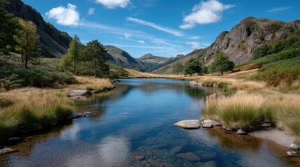 Serene Mountain Lake Reflecting Blue Sky and White Clouds Amidst Dry Grass and Green Trees on a Sunny Day