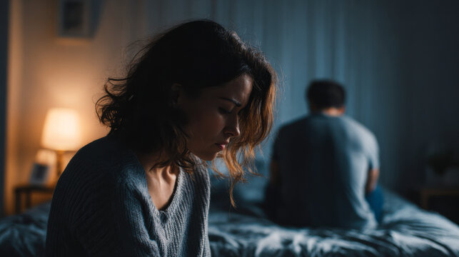 Wife feeling heartbroken on bed after argument with husband in dimly lit bedroom
