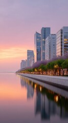 Modern Skyline at Dusk Pink Purple Sky Reflections on Water Lined with Flowering Trees and Tall Buildings