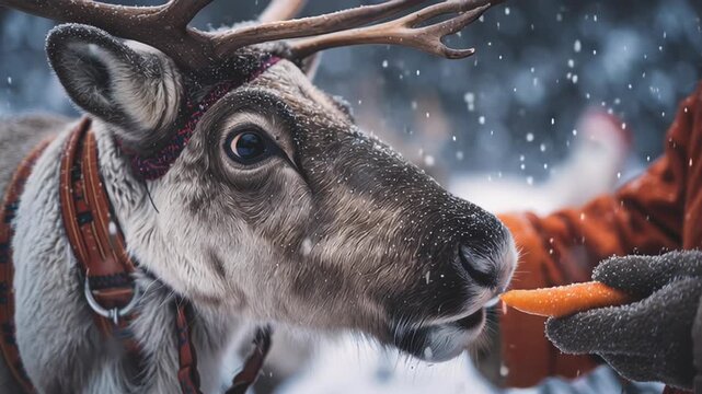 4k video of Santa Claus feeding a carrot to the deer.