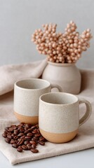 Rustic Flat Lay Of Two Ceramic Coffee Mugs With Roasted Coffee Beans And Dried Flowers In A Neutral Palette