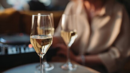 Sparkling effervescence, champagne flute dances in warm twilight, blending New Year's whimsy with Jazz Appreciation Month ambiance