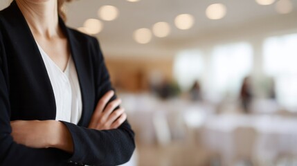Under the shimmer of chandeliered ambition, a poised Caucasian woman exudes conference charisma, perfect for World Entrepreneurs' Day