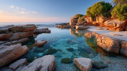 Scenic Rocky Coastline During Golden Hour Sunset With Calm Crystal Clear Water Reflecting Blue Sky and Green Trees