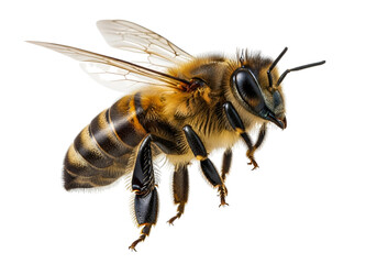 Highly Detailed Realistic European Honey Bee with Yellow and Black Stripes and Fuzzy Body in a Dynamic Hovering Pose, a Vital Pollinator, isolated on transparent background.